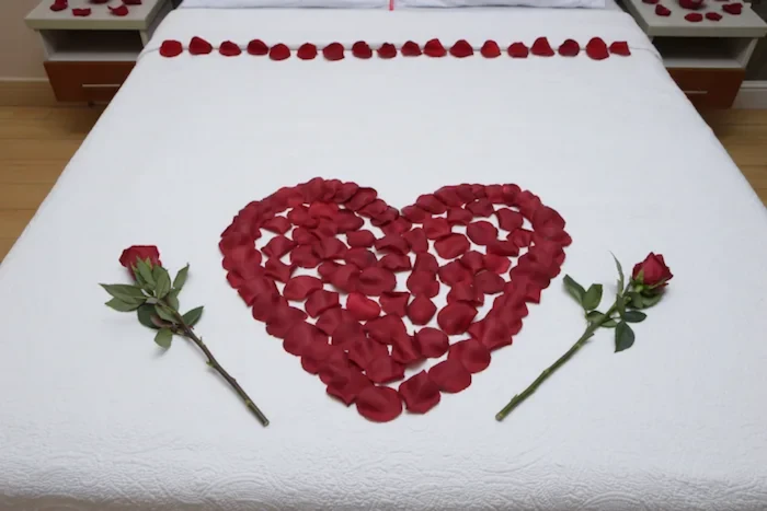 decoración romantica de corazón hecho con petalos de rosa
